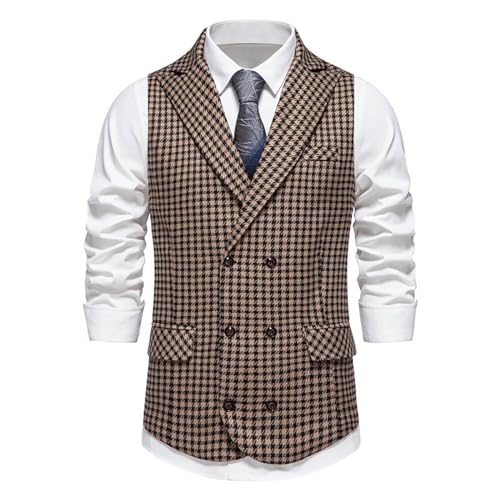 Cambkatl Men's Vintage Plaid Suit Vest Double-Breasted Business Formal Dress Waistcoat Vest for Wedding Suit Tuxedo