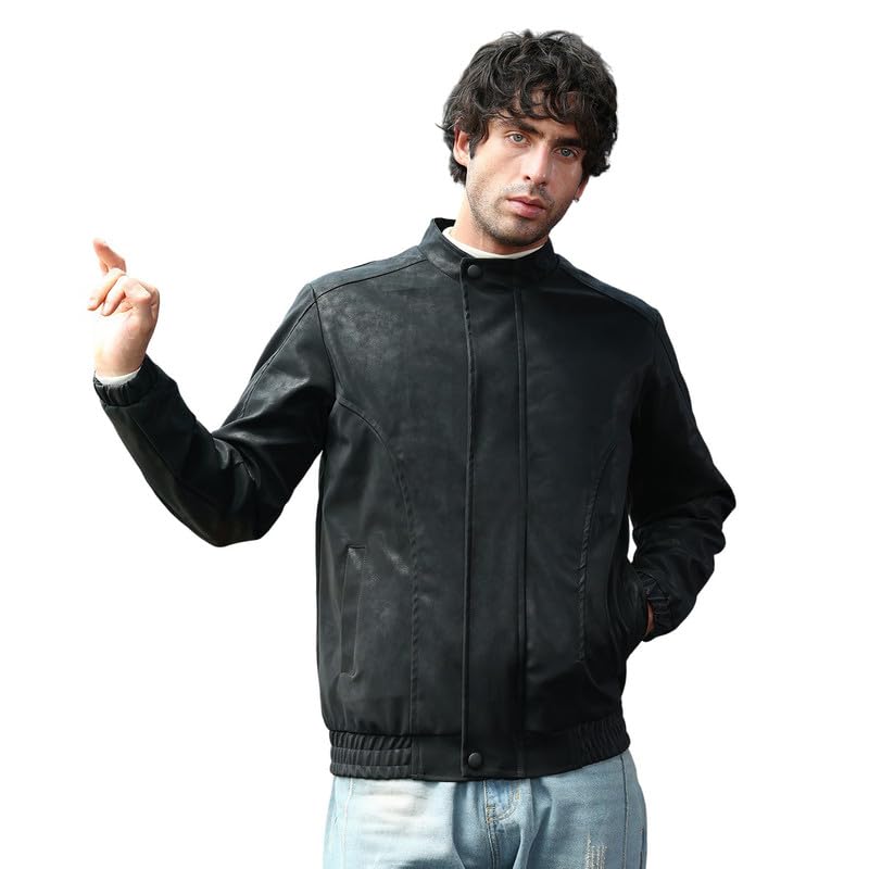 cahoot Men Jacket | Band Collar, Long Stretch-Cuff Sleeves | Zipper, Stretch-Straight Hem | Solid Coated | Woven Fabric For Casual & | Onyx Black-picture-21