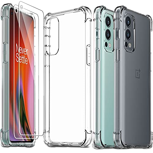 Ferilinso Funda para OnePlus Nord 2 5G, con 2 Piezas Cristal Templado Protector de Pantalla, Transparente TPU Carcasa, 10X Anti-Amarilleo, Anti-Choque, Anti-arañazos