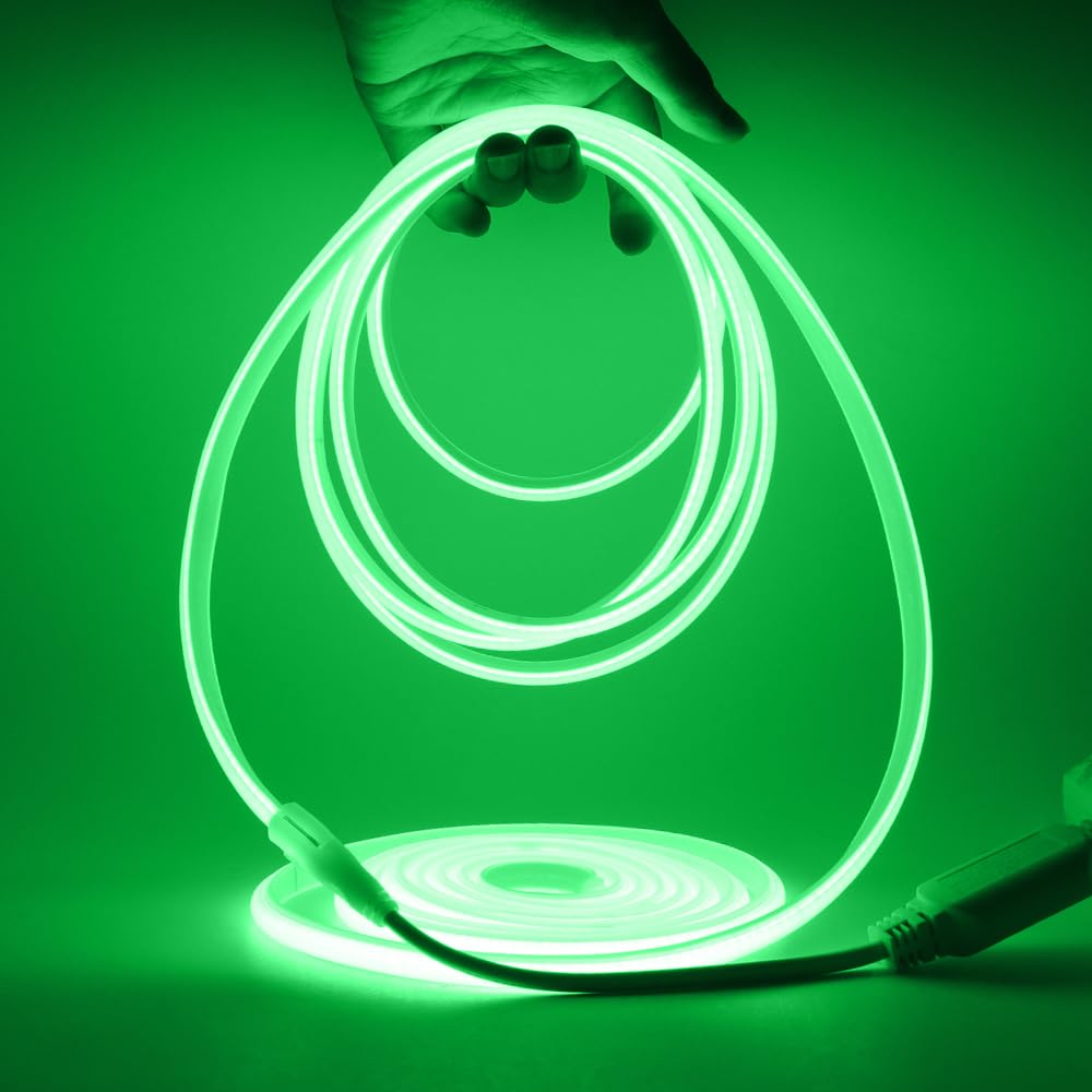 HEGEHE Dimmable COB Neon Light Strip with 220V Dimmer Switch, Cut to 50cm, 288LED/m Flexible and Waterproof Silica Gel Rope Light(7m, Green)