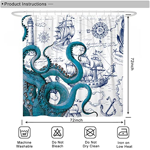 Desihom Blue Nautical Octopus Shower Curtain Set Funny Ocean Kraken Shower Curtains For Bathroom Cool Octopus Decor Polyester Fabric-72" X 72" #TOP4