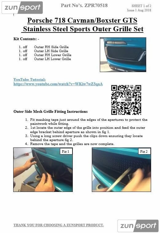 Zunsport Compatible With Porsche 718 Boxster/Cayman GTS - Outer Grill Set - Black Finish (2018 -)