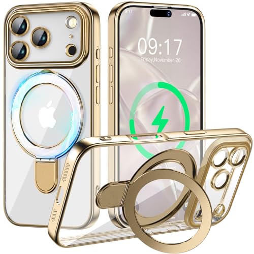 Image of Magnetic for iPhone 17 Pro Case with Invisible Stand[Compatible with MagSafe][Full Camera Lens Protector][Military Drop Protection] Shockproof Not Yellowing Clear Slim Soft for Women Men