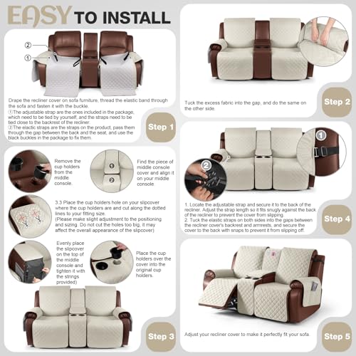 Image of KinCam 100% Waterproof Recliner Loveseat Cover with Console, Non-Slip Reclining Couch Covers for 2 Seat, Recliner Sofa Cover Furniture Protector with Elastic Straps for Kids, Pets, Ivory
