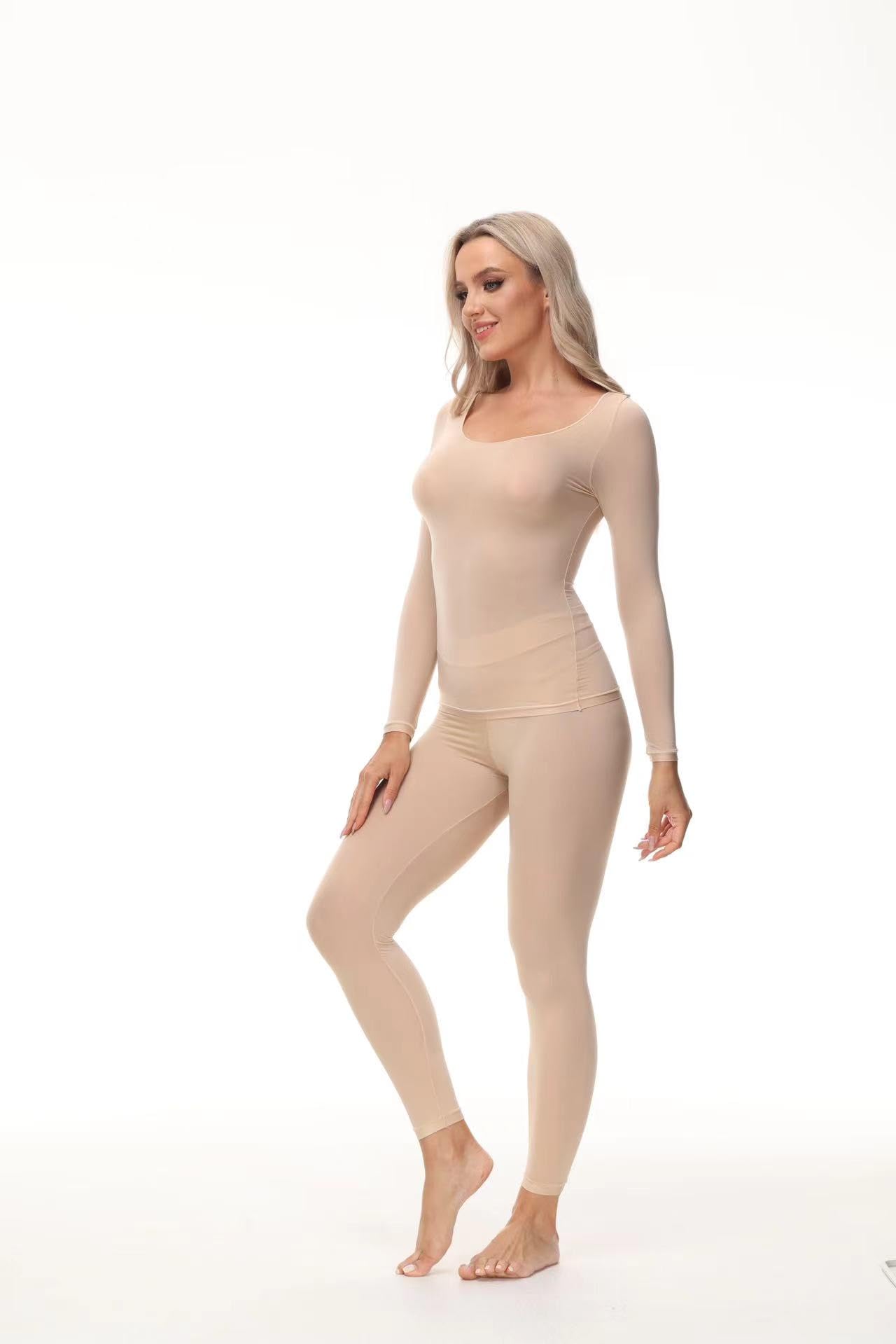 Upanmu New Seamless Stretch Fitted With Amino Acid Fabric Women's Thermal Underwear With Long Johns And Sleeves Base Layer Set. (Skin Tone, Large)