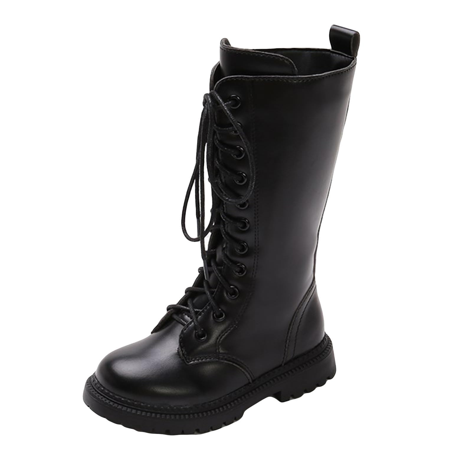 SOOUICKERKids Flat Black Knee High Boots Girls Army Combat Boots Chunky Platform Heel Lace Up Boots Big Kid