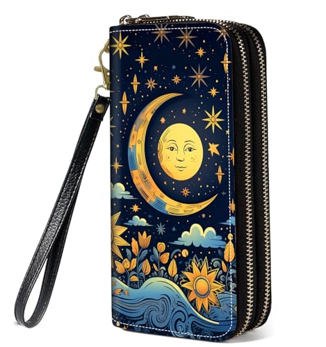 Magical Sun and Moon Print Wallet for Women Large Capacity Wallet Credit Card Holder PU Leather Double Zipper Clutch Purse Phone Wallet