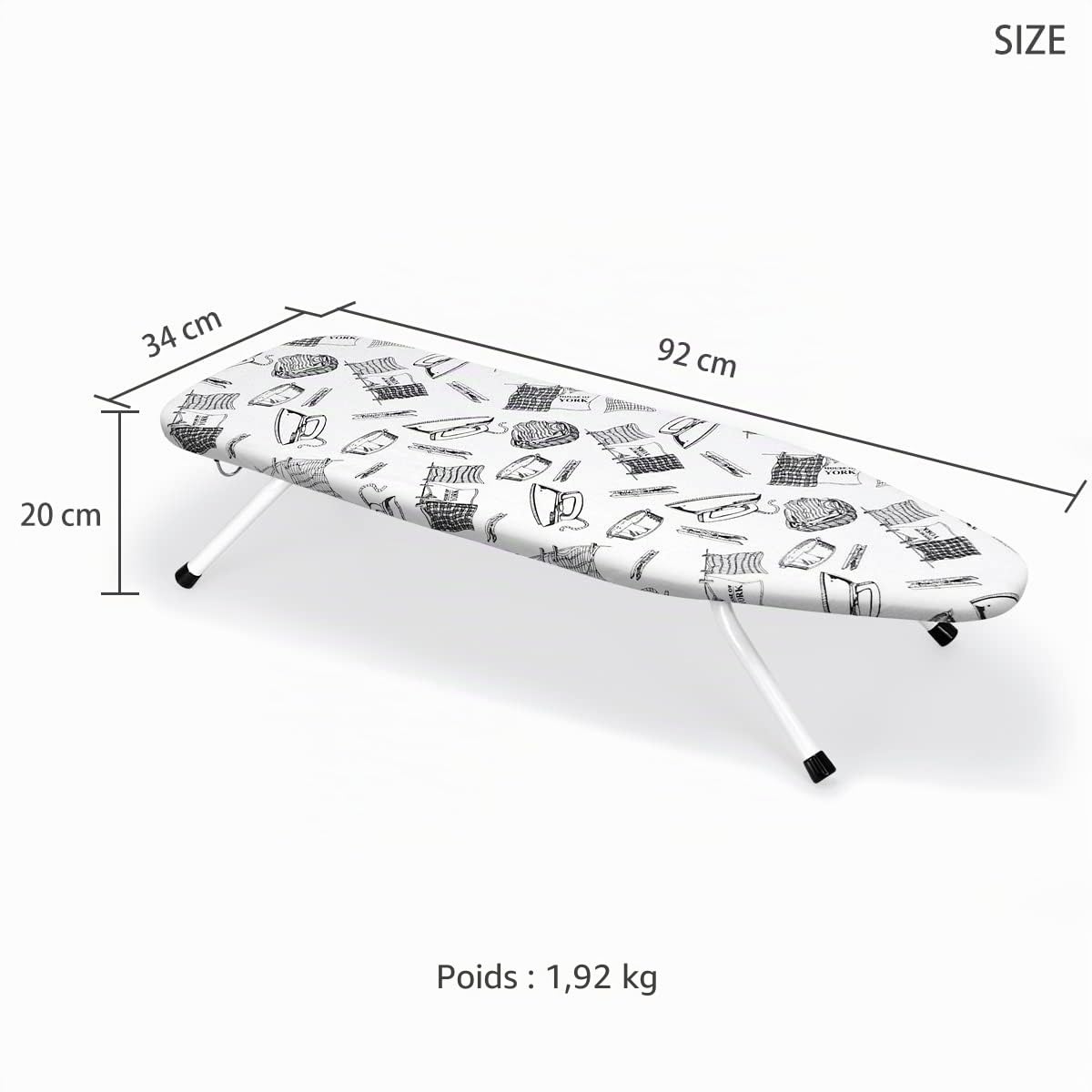 Duwee Planche à Repasser de Table 92 × 34 cm avec Housse résistante à la Chaleur, Pieds pliants et léger, Zone de Repassage Extra Longue avec Crochet pour Le Rangement
