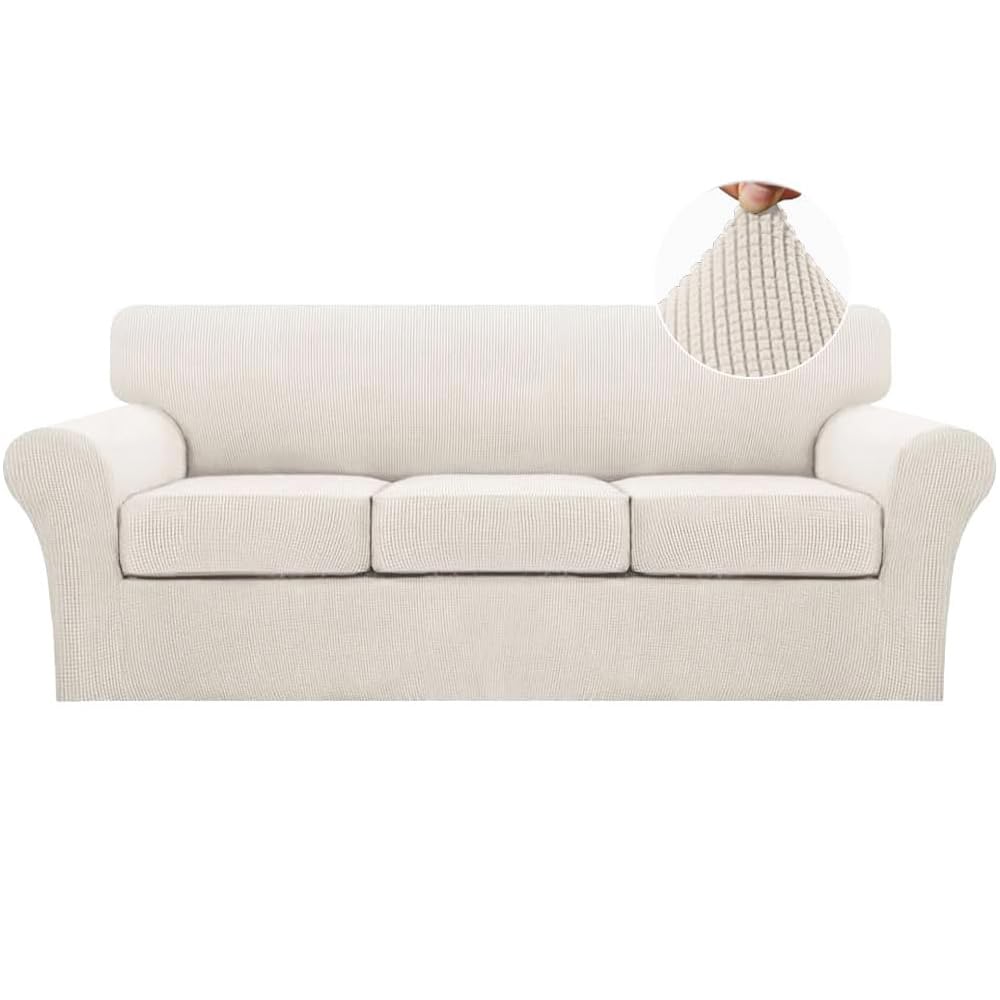 Turquoize 4 Piece Sofa Covers for 3 Cushion Couch Sofa Slipcover Soft Couch Cover for Dogs-Washable Sofa Furniture Covers with 3 Individual Cushion Covers, Jacquard Fabric (3 Cushion Sofa, Ivory)