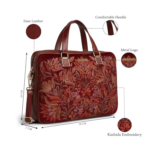 Image of Caprese Siji Tresna Large Laptop Bag for Women with Adjustable & Detachable Strap | Stylish Kashida Embroidery Laptop Handbag | 16-Inch Compatible Spacious Office Bag with Smart Sleeve