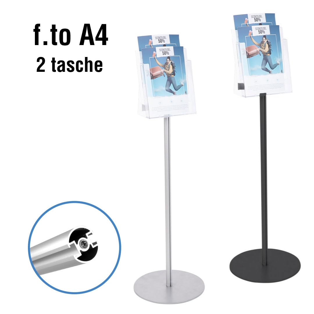 Danieli - Porta Depliant da Terra in Acrilico Trasparente A4 con 2 tasche, per Riviste e Brochure. Porta Volantini Resistente da Utilizzare come Espositore per Ufficio e Negozi. (Alluminio Silver)