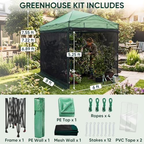 Image of EAGLE PEAK Instant Pop up Greenhouse, Indoor Outdoor Plant Gardening Green House with Interchangeable PE & Mesh Wall Panels, Walk in 8x6 ft, Green /Clear