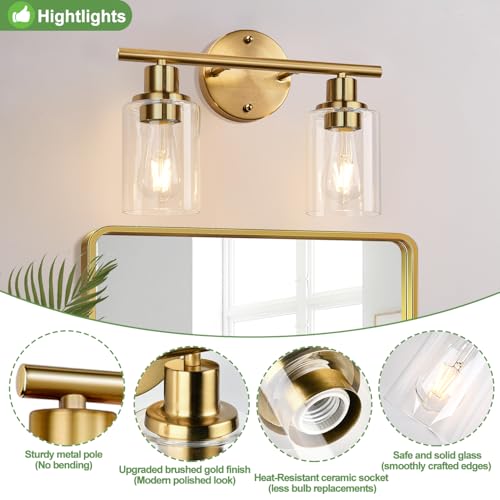 Image of Zarbitta 2-Light Bathroom Light Fixtures, Brushed Gold Vanity Light, Modern Vanity Lights with Clear Glass Shade, Bathroom Wall Lamp for Mirror Kitchen Living Room Hallway Cabinet Porch