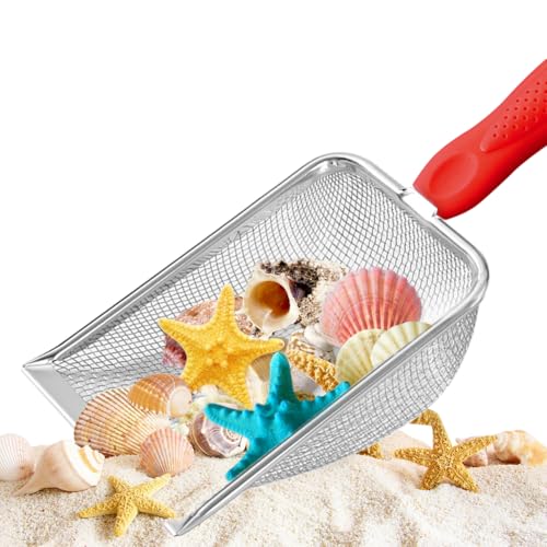 Image of Beach Mesh Shovel, Shark Tooth Sifter Dipper for Shell Collecting, Kids Filter Sand Scooper for Picking Up Shells - Beach Snow Toys for Kids (Red)