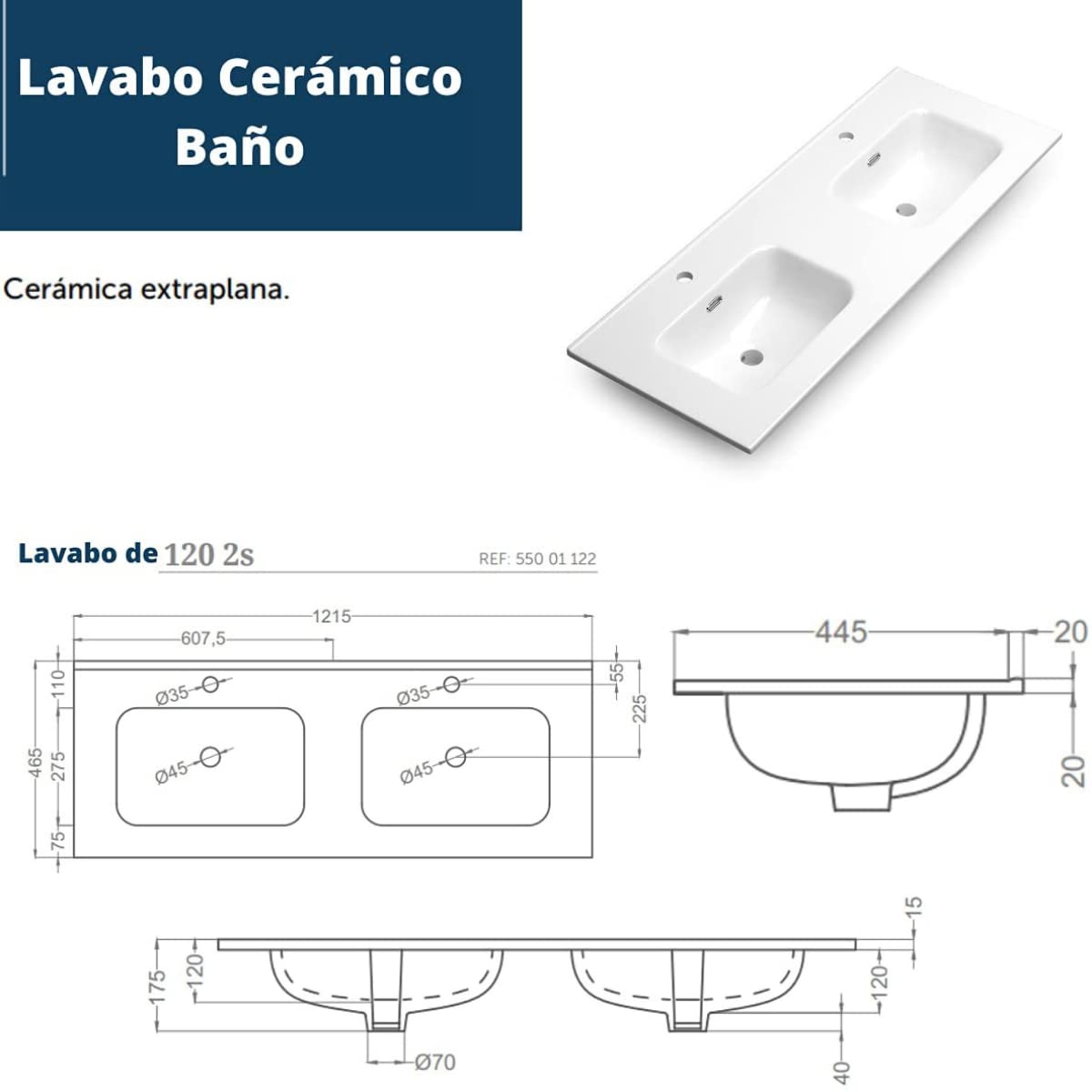 Mueble de Baño Suspendido 120cm con Lavabo Cerámico 2 Senos | Mueble Baño Colgado Pared con Lavabo Doble Seno de 2 Cajones con Cierre Amortiguado y Organizador (Roble Natural)