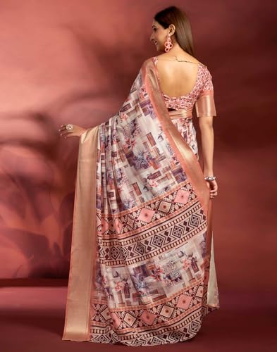 Image of SIRIL Women's Dola Silk Printed Jacquard Border Ready To Wear Saree with Unstitched Blouse Piece