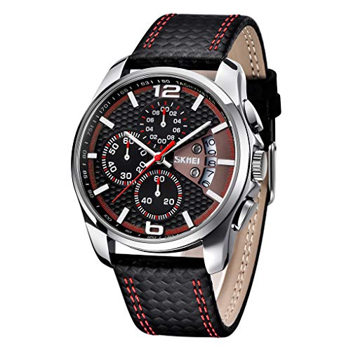 SKMEI Watches Men Black Leather Chronograph Fashion Analog Quartz Dress Big Face Multifunction Luxury Waterproof Luminous Easy Read Wrist Watch Gifts