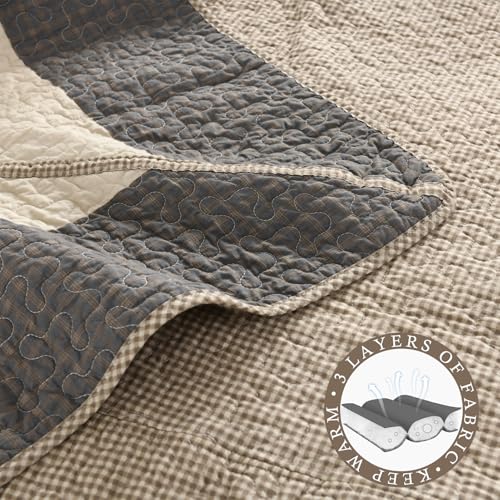 Image of 100% Cotton Oversized King Bedspread 128x120, Brown Neutral Plaid | Extra-Wide Coverage, Reversible 3-Piece Bedding Set, Fits Thick Mattresses, Lightweight All-Season Comfort, Modern Farmhouse
