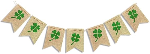 Guirnalda de arpillera de trébol para decoraciones del día de San Patricio, guirnalda rústica de arpillera de trébol de trébol para el día irlandés,