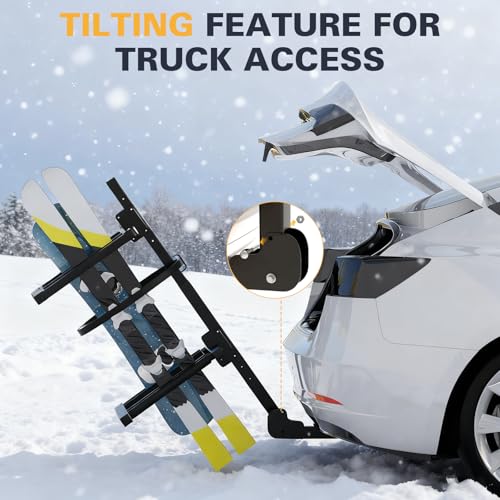 2026 New Folding Hitch Ski Snowboard Rack with Security Lock, Ski Rack Carries 6 Pair Skis or 4 Snowboards Fit for 2" Receiver, Tilt Access for Trunk Access, Security Strap