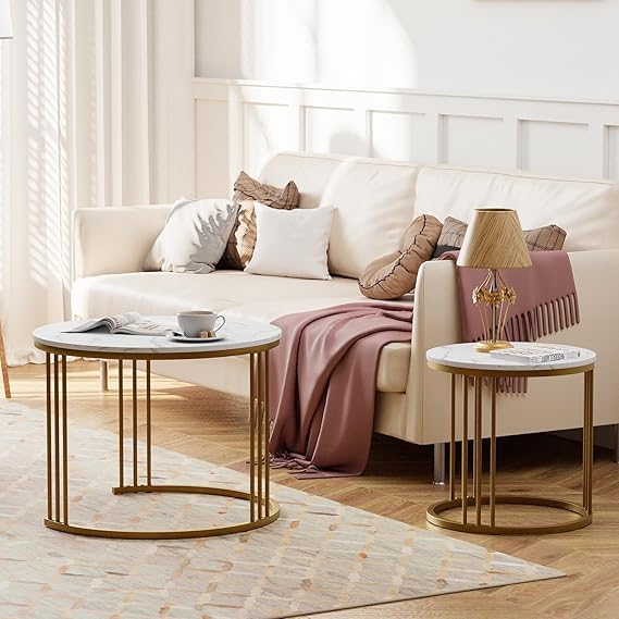 Image of Modern Nesting Table Set of 2 - Round Coffee Table with Engineered Wood Top & Metal Frame, Side Tables for Living Room, Bedroom & Lounge (Gold & White)