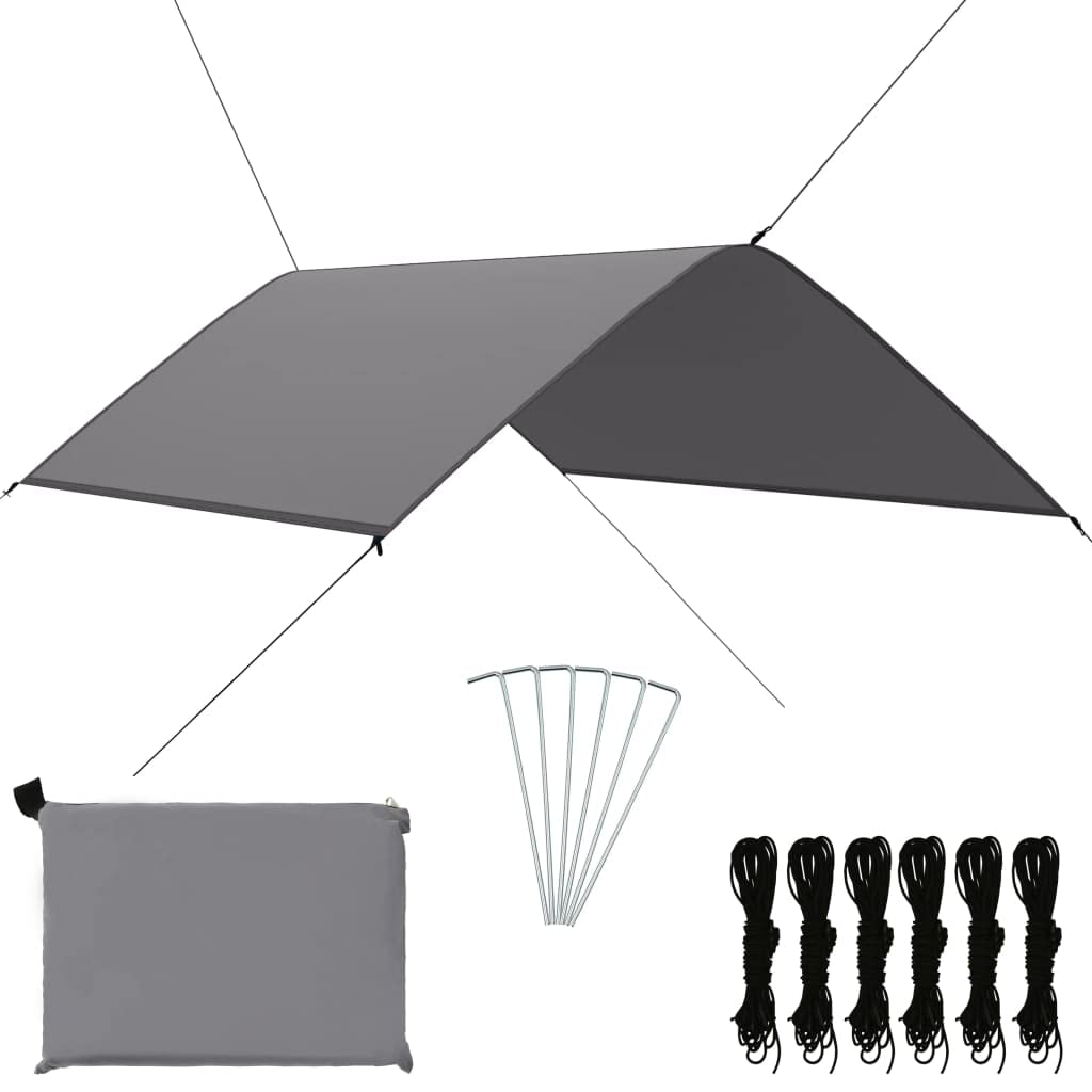 Outdoor-Tarp 3x2 m Grau -Vielseitige Campingplane aus 180T Polyester - Leichtes Sonnensegel für Rucksackreisen, Zelten und Hängematten - Inklusive Heringe und Seile