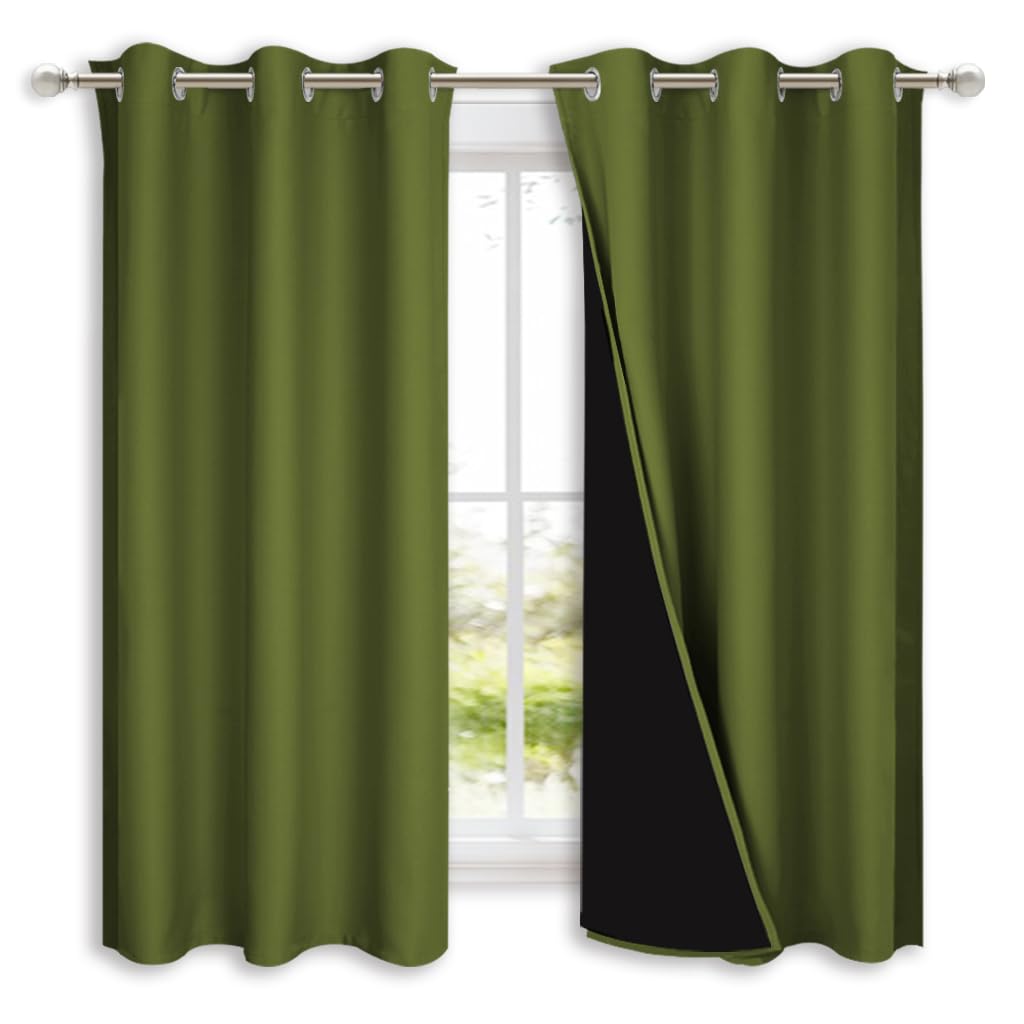 NICETOWN 100% Blackout Curtains 54" Long, Olive Green, 1 Pair, 42" Width Each Panel, Double-Deck Completely Blackout Window Treatment Thermal Insulated Lined Drapes for Small Window