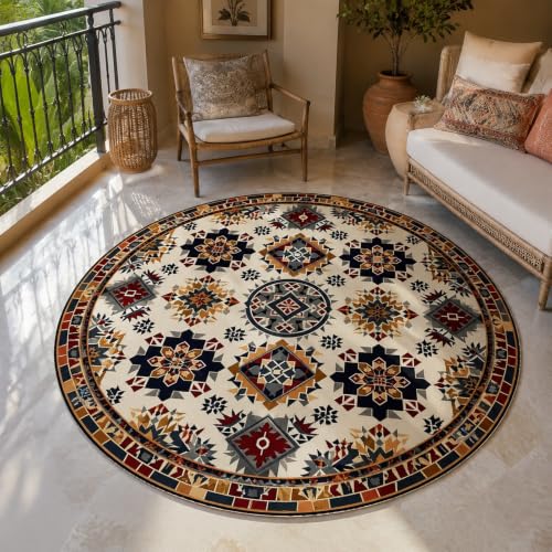 Tapis rond vintage géométrique beige et rouge 80 cm - 2