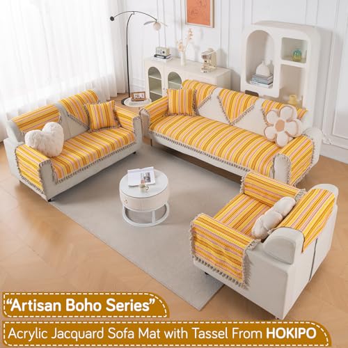 Image of HOKIPO 'Artisan Boho Series' Sofa Cover Mat with Tassel for 1 Seater Sofa | 450 GSM Thick Cotton Acrylic Jacquard Fabric, Mustard Yellow (IN-901-A1*S)