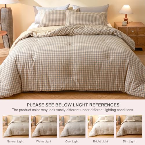 Image of 100% Cotton Comforter Set Queen Size - Reversible Yarn-Dyed Checkered Design, Soft Washed Cotton on Both Sides, Lightweight All-Season Bedding, Machine Washable(Beige Plaid, 90 inchx90 inch)