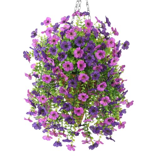 INQCMY Artificial Hanging Flowers with Basket for Spring Outdoor Decoration 3 Bunches of Silk Daisy Flower Uv Resistant for Garden Porch Patio Balcony Yard Decor (Purple1)