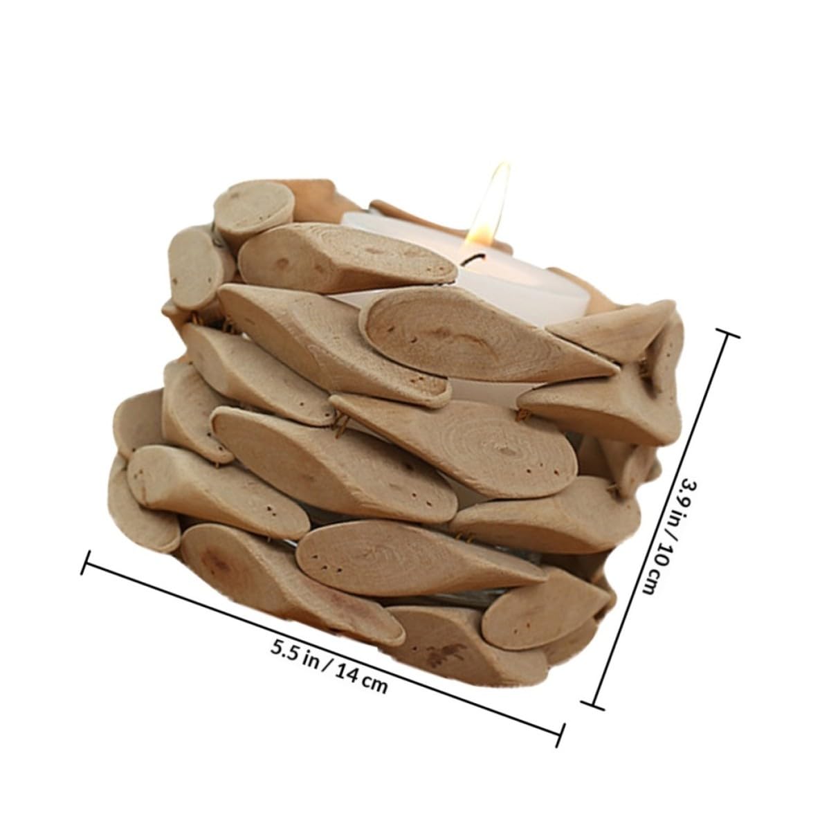 Portacandele Decorativo Rotondo in Legno, Artigianale, Khaki