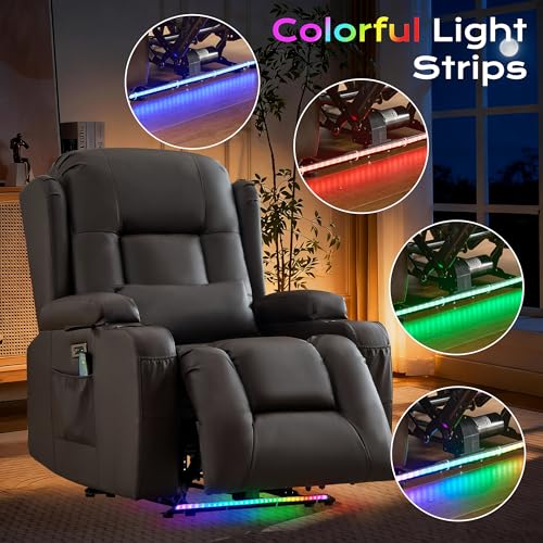 Image of URRED Recliner Chair with Massage and Heat, Power Reclining Sofa Chair Home Theater Seating with LED Ambient Light, USB Ports, Cup Holders, Side Pockets, Faux Leather (Brown, Set of 1)