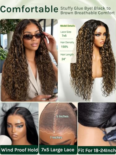 Image of KLAIYI Bye Bye Slip Golden Blonde Balayage Highlights Water Wave Glueless Precut 7x5 Lace Front Wigs Human Hair Drawstring Ombre Brown Curly Pre Plucked Bleached Knots Ready to Wear and Go Wig 20Inch