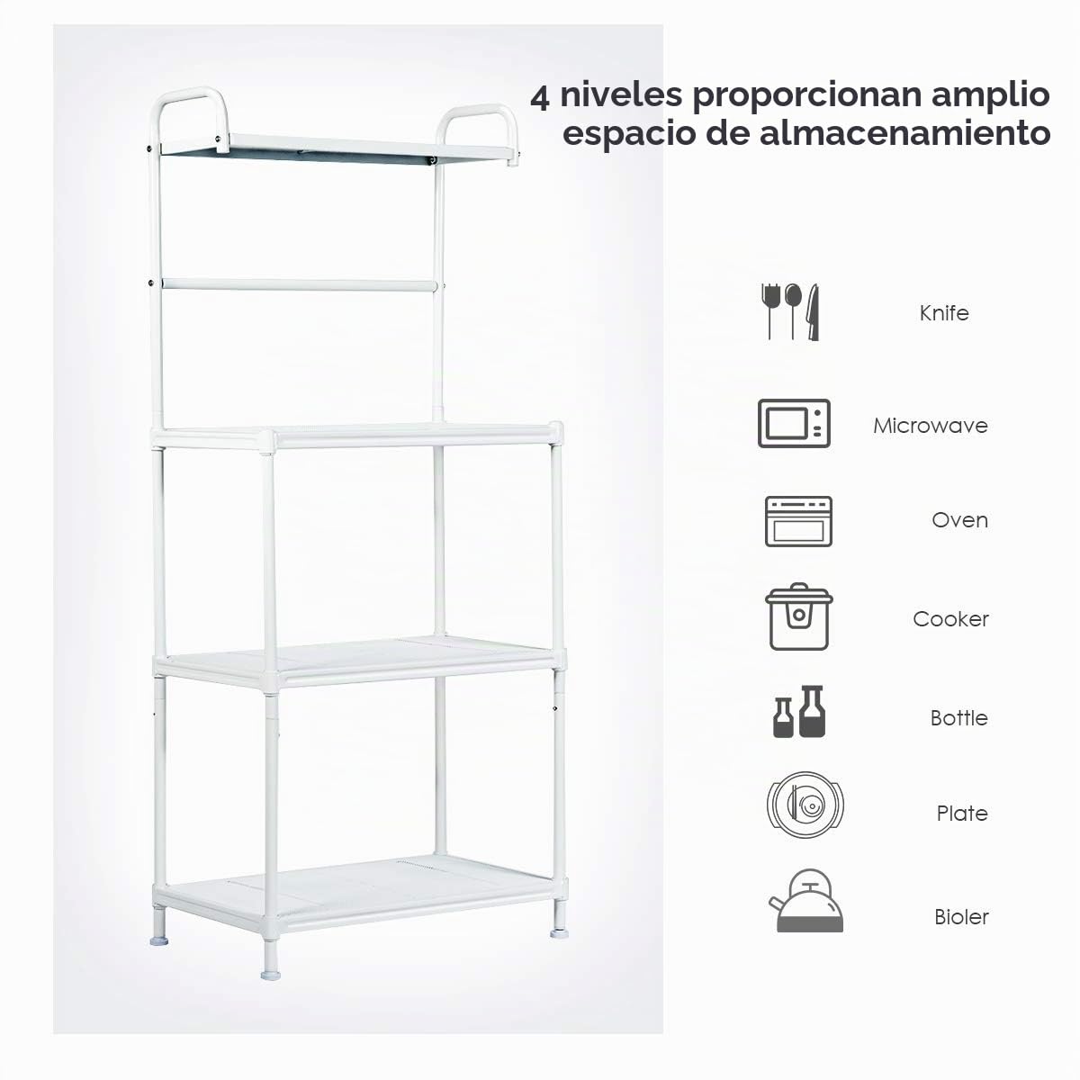 GOPLUS Estantería de 4 Niveles para Microondas, con Gran Espacio de Almacenamiento, Estante de Almacenamiento de Hierro Lacado, Capacidad de Carga de Cada Nivel 25 kg (Blanco)