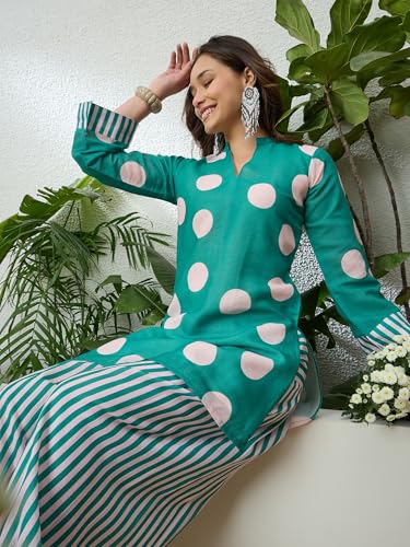 Image of EthnicJunction Women's Linen Floral Print Summer Wear Straight Short Kurti with Afghani Pant Set | Co Ord Set for Women Stylish | Fusion wear Women