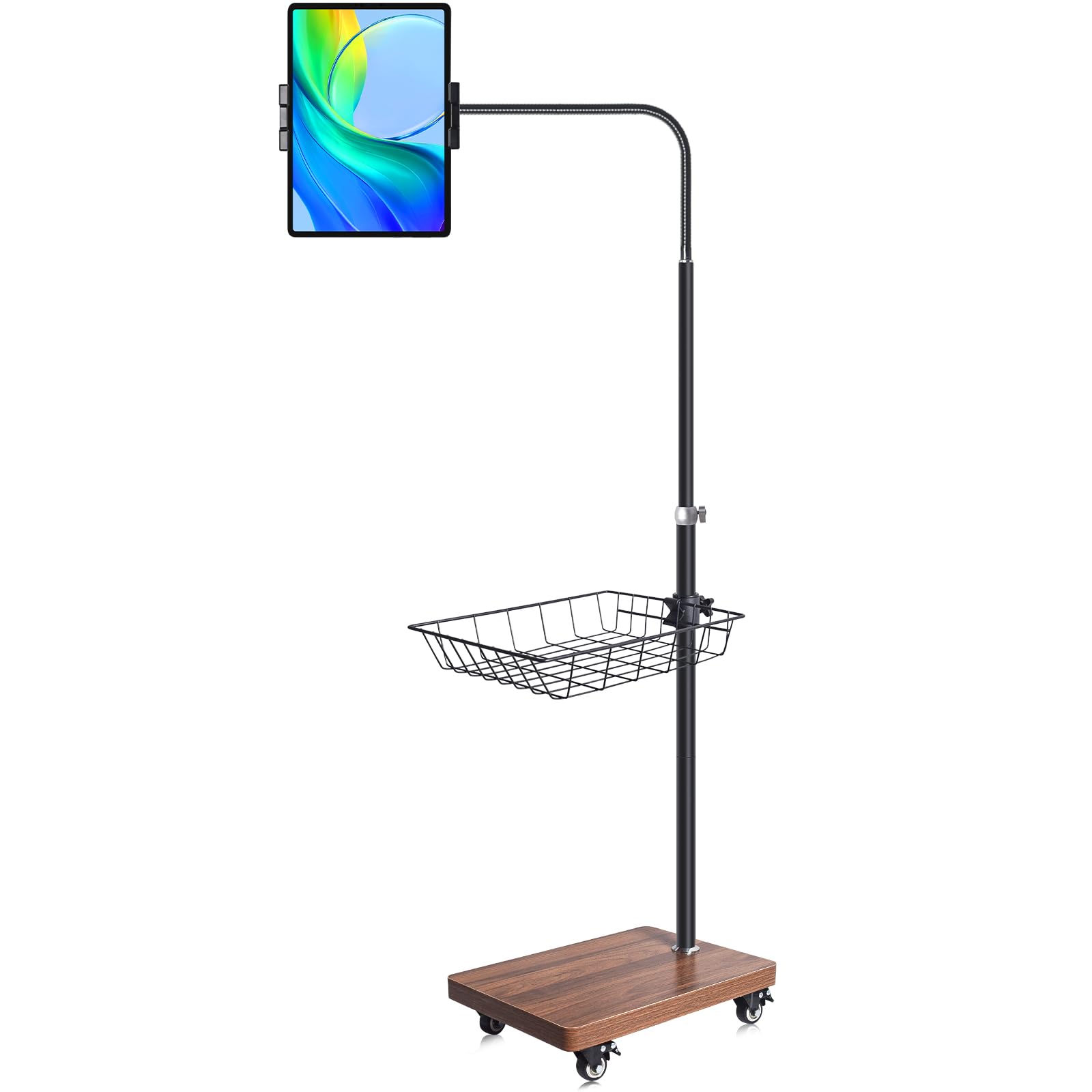 Verstellbarer Boden-Tablet-Ständer mit Rollfuß, flexibler Schwanenhals-Halterung, Holzplattform, mobiler Gerätehalter für den Innenbereich