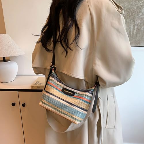 Image of Gogobear Women's Woven Beach Shoulder Handbag Colorful Straw Tote Bag | Summer Vacation Crossbody Bag, Lightweight Fashionable Tote Shoulder Handbag