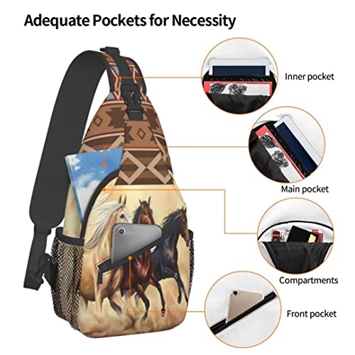 Horse Pattern Sling Bag Crossbody Backpack,Aztec Boho Ethnic Style Western Horse Chest Bag Three Horses Run In Desert Sandstorm Adjustable Shoulder Backpack Travel Hiking Casual Daypack4