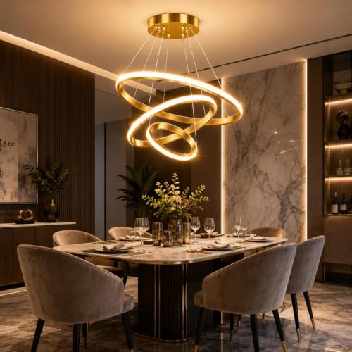 Image of Modern 3 Ring LED Pendant Chandelier, Premium Golden Finish, 3 Color Changing Modes, Adjustable Hanging Light for Living Room, Dining Room, Bedroom, Hotel & Restaurant Decor