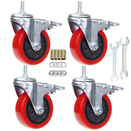 Image of Heavy Duty Stem Caster Wheels M10-1.5X25mm Dual Locking No Noise PVC Threaded Stem Caster Wheels Pack of 4 for Workbench, Dolly, Furniture (4 Inch, Red)