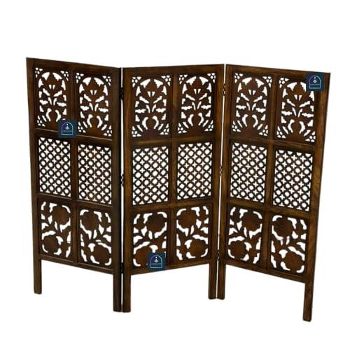 Image of Wooden Room Partition Screen with Burnt Wood Finish | Hand Buffed Traditional Handicraft Room Divider | 6 Ft Height Indoor Room Separator (3 Panel 4 Feet)