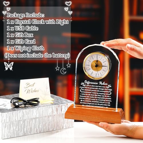 Image of Ornalrist Difference Maker Clock Gifts for Men Women Glass Clock Keepsake with Wooden LED Base Thank You Appreciation Gifts for Boss Teacher Employee Coworker Mentor Motivational Office Desk Decor