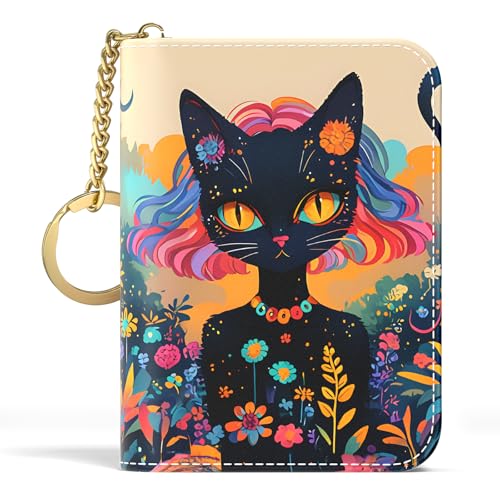 Image of Aiawoxc Credit Card Holder, Small RFID Wallet Slim Leather Card Organizer Case with Zipper and Keychain, Elegant Cat