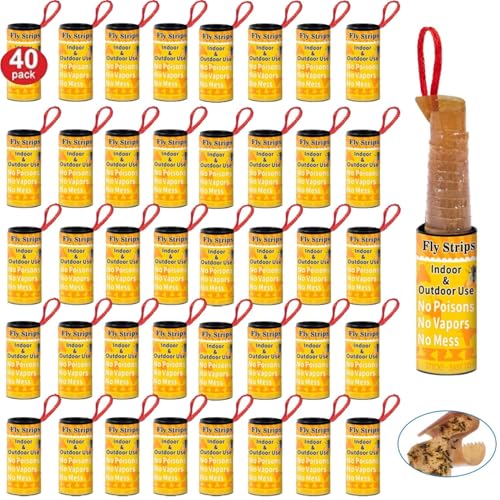 Fly Strips Trap Indoor Sticky Hanging 40 Pack Fly Paper Traps Outdoor Flies Tape Paper Ribbon Rolls for Home Kitchen Fruit & Bug Gnat Catchers for Inside Killer for Winged Insect