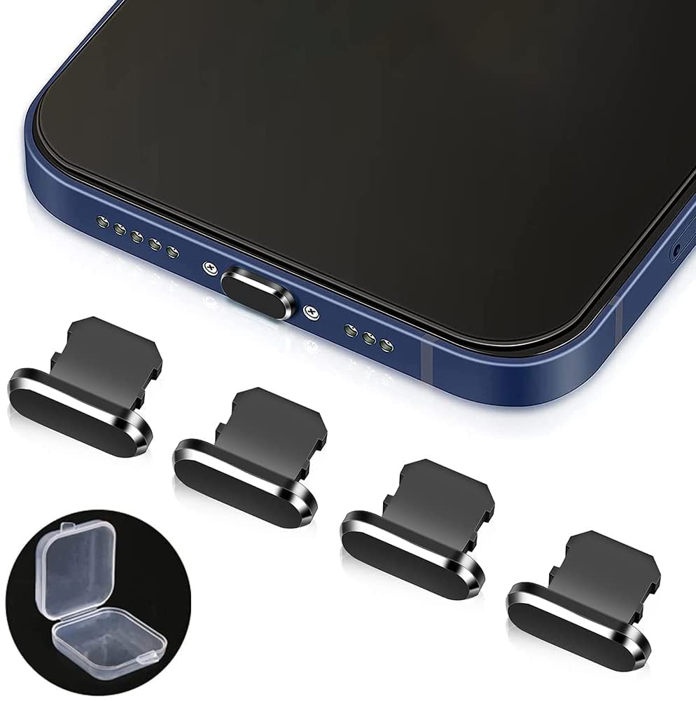 Anti Dust Plug for iPhone 14 13 12 Mini Pro Max 11 iPad AirPods, Senbos 4 Pcs Aluminum Lightning Charging Port Cover Compatible with iPhone X, XS, XR, 8, 7, 6 Plus with Storage Box - Black
