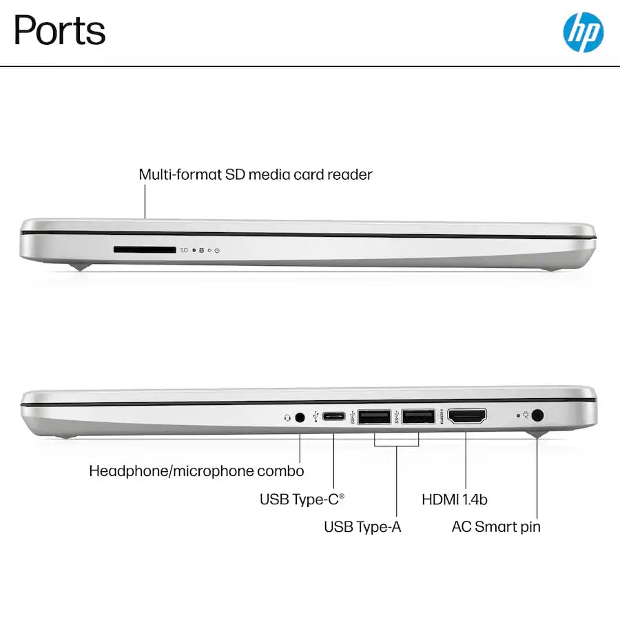 Image of HP 14 inch HD Laptop, Intel Processor N150, 4GB DDR4, 256GB Storage (128GB UFS+128GB SD Card), HDMI, USB-C, USB-A, Bluetooth, WiFi, Copilot, Fast Charge, Microsoft 365, Win 11 Home S Mode, Natural Silver