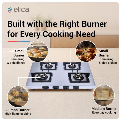 Image of Elica 4 Burner 2mm Stainless Steel Gas Stove | INOX HD 4B 69 SG | 69cm Compact Layout, Forged Brass Burners - 1 Jumbo 1 Medium & 2 Small Burners, Square Grid Pan Support, 2 Yr Warranty