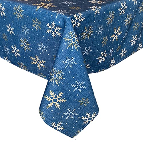 Lintex Blue Farmhouse Snowflake Fabric Christmas Tablecloth - Blue, Gold And White Country Rustic Holiday Tablecloth, 52” X 70” Oblong/Rectangle #TOP1