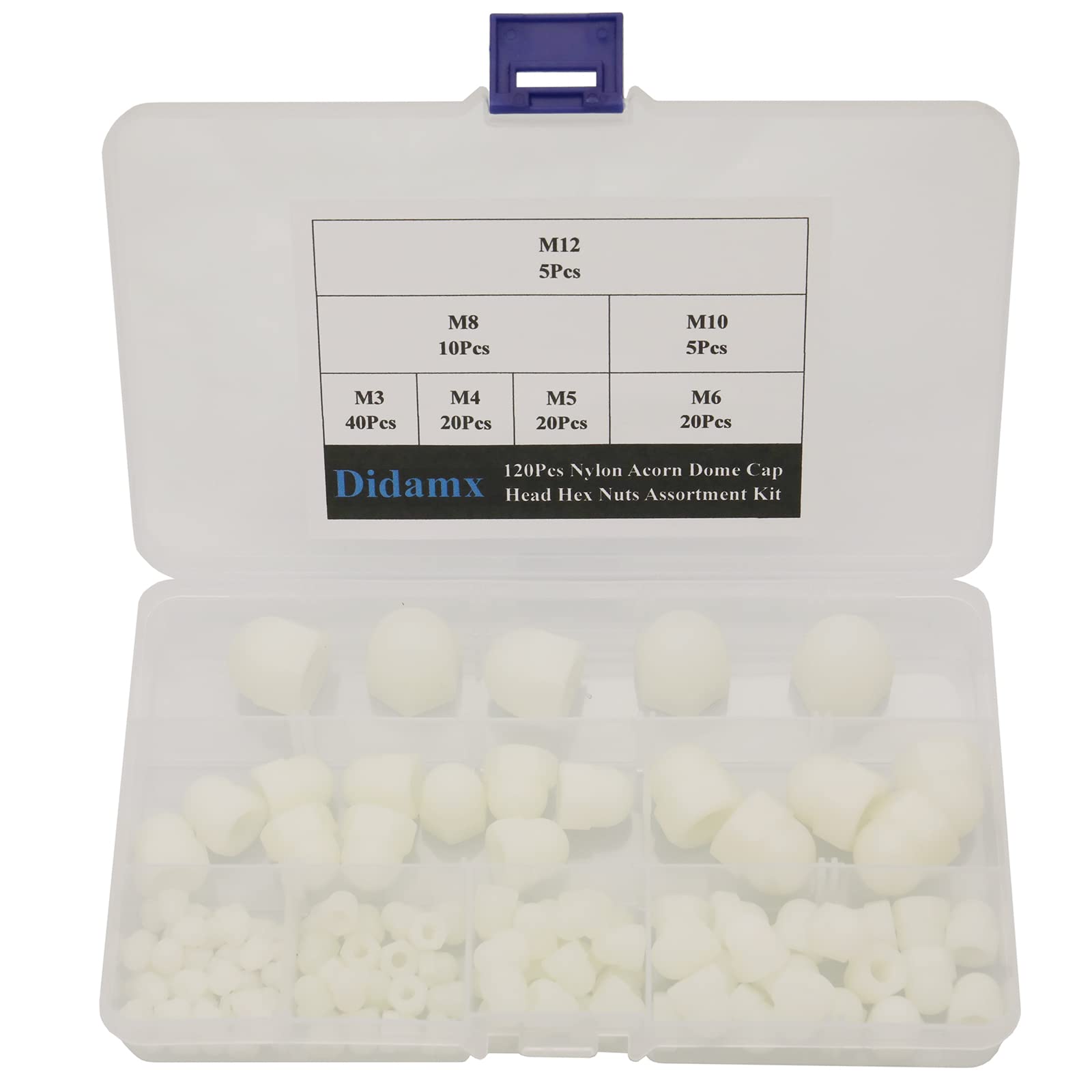 Didamx 120Pcs M3 M4 M5 M6 M8 M10 M12 Nylon Acorn Dome Cap Head Hex Plastic Nut Covers Assortment Kit